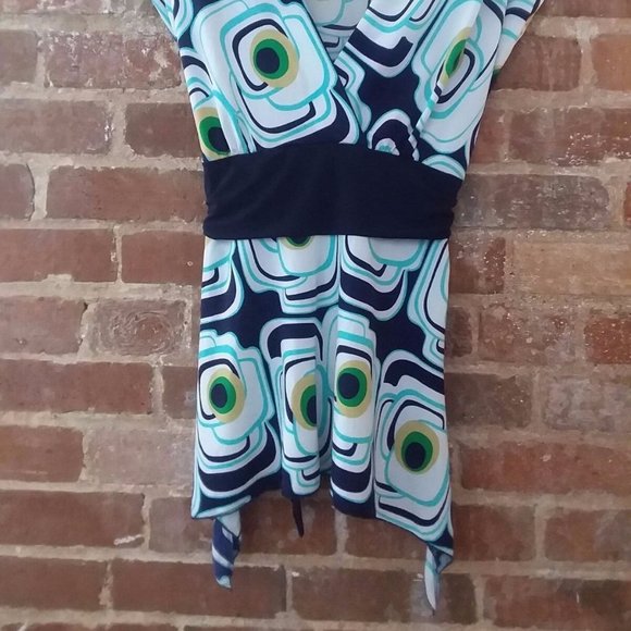 M.K.M DESIGNS Blue & White Multicolor Sleeveless Blouse Shirt Top Tunic Women S - Picture 13 of 14